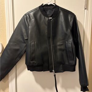 All Saints Black Leather Bomber with Front Zip
